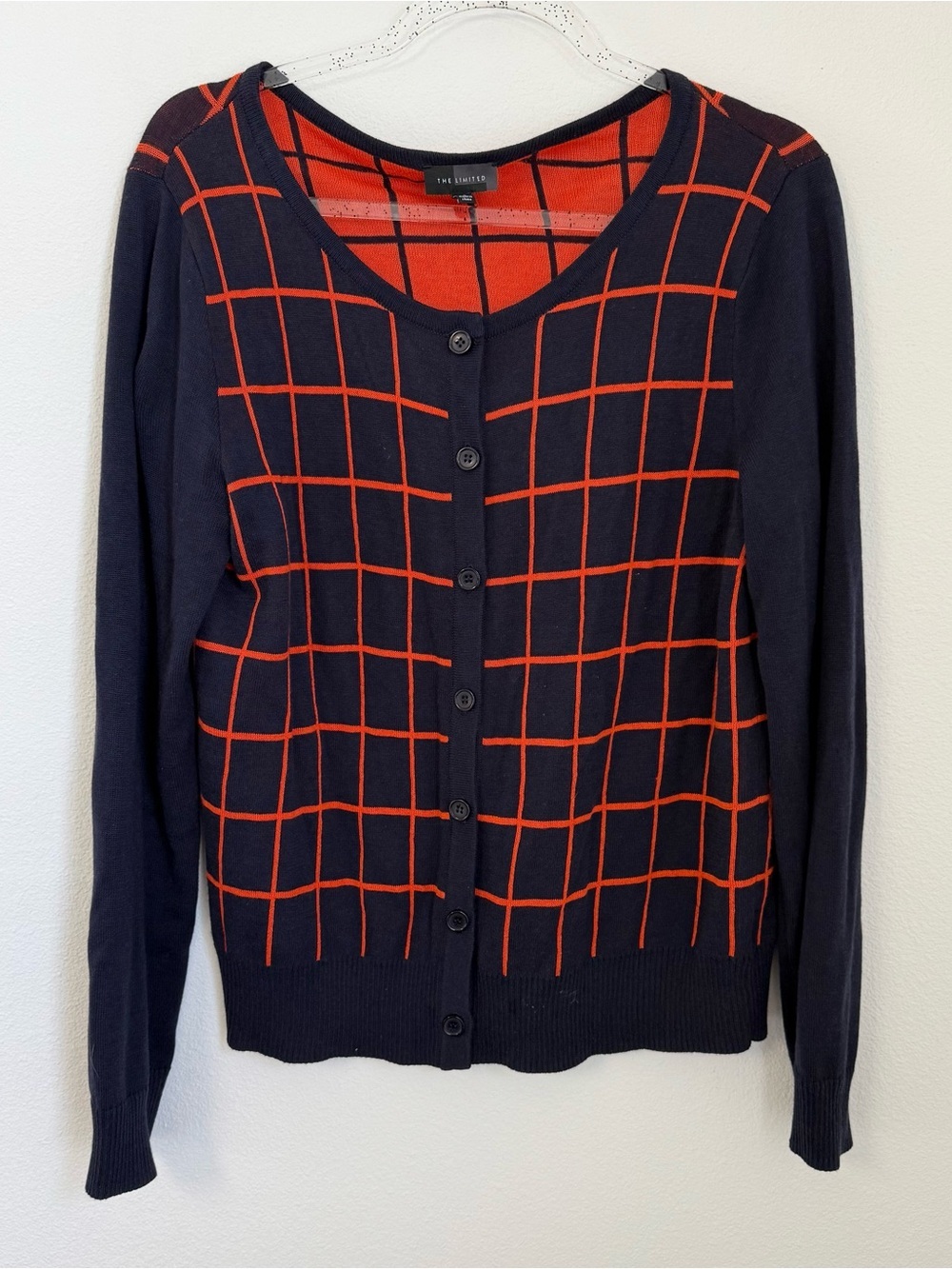 The Limited Womens Sweater Blue Orange Check Round Neck Long Sleeve Cardigan L